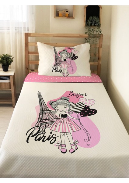 Eyfel Kız Desenli Tek Kişilik Pike Takımı 160X230 Beyaz