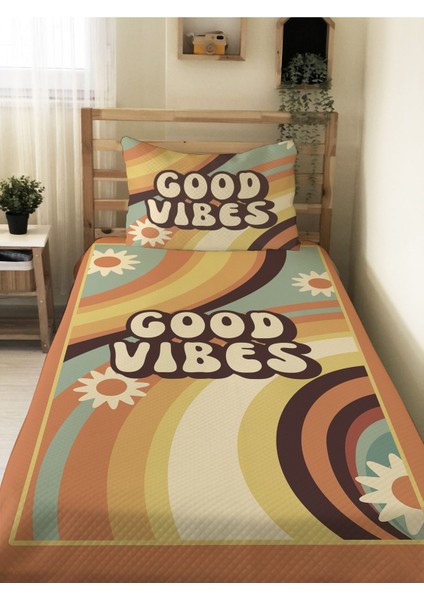 Good Vibes Desenli Genç ve Çocuk Baskılı Tek Kişilik Pike Takımı 160X230 Renkli
