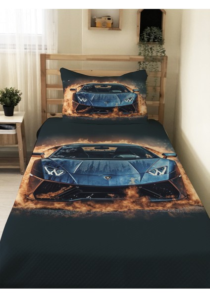 Spor Araba Desenli Genç ve Çocuk Baskılı Tek Kişilik Pike Takımı 160X230 Renkli