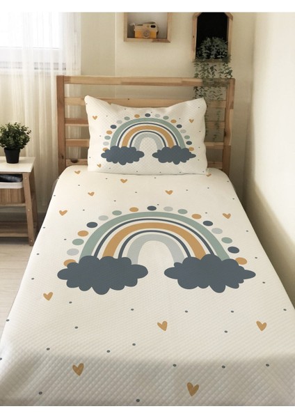 Gökkuşağı Desenli Bebek ve Çocuk Baskılı Tek Kişilik Pike Takımı 160X230 Beyaz