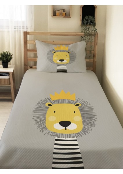 Aslan Desenli Bebek ve Çocuk Baskılı Tek Kişilik Pike Takımı 160X230 Gri