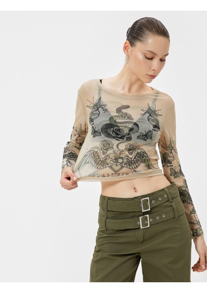 Crop Tül Tişört Uzun Kollu Baskılı Bisiklet Yaka Slim Fit