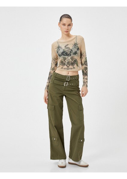 Crop Tül Tişört Uzun Kollu Baskılı Bisiklet Yaka Slim Fit fiyatları