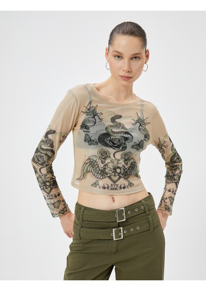 Crop Tül Tişört Uzun Kollu Baskılı Bisiklet Yaka Slim Fit modelleri