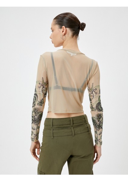 Crop Tül Tişört Uzun Kollu Baskılı Bisiklet Yaka Slim Fit fırsatları