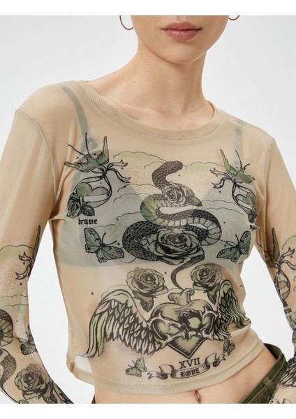 Crop Tül Tişört Uzun Kollu Baskılı Bisiklet Yaka Slim Fit indirimleri