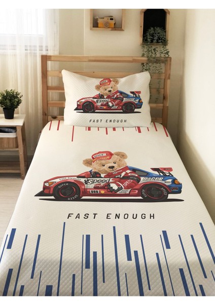 Yarışcı Teddy Desenli Tek Kişilik Pike Takımı 160X230 Beyaz