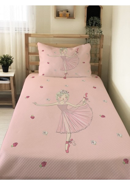 Balerin Kız Desenli Bebek ve Çocuk Baskılı Tek Kişilik Pike Takımı 160X230 Pembe