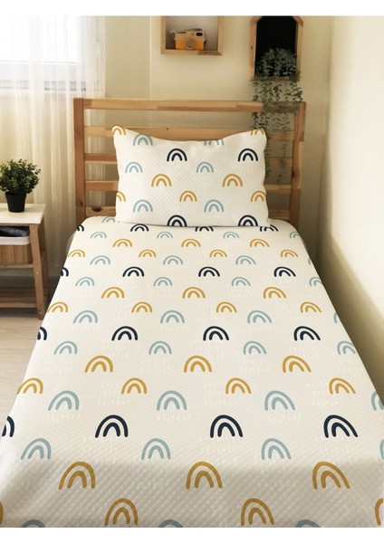 Gökkuşağı Desenli Bebek ve Çocuk Baskılı Tek Kişilik Pike Takımı 160X230 Beyaz