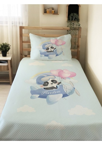 Panda Uçak Desenli Bebek ve Çocuk Baskılı Tek Kişilik Pike Takımı 160X230 Mavi