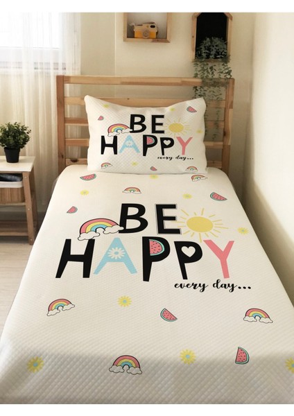 Be Happy Desenli Bebek ve Çocuk Baskılı Tek Kişilik Pike Takımı 160X230 Beyaz