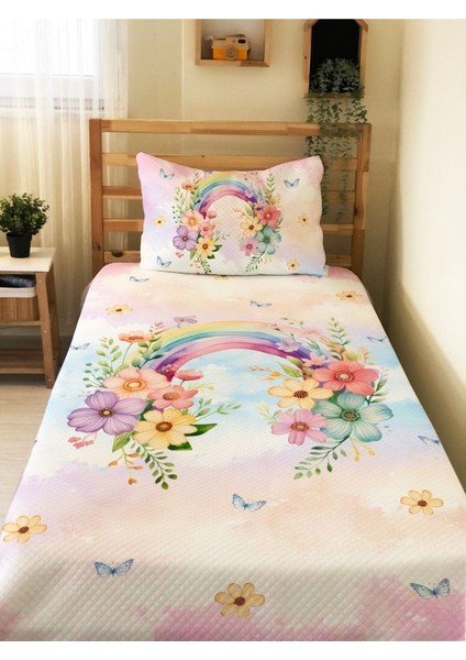 Çiçekli Gökkuşağı Desenli Tek Kişilik Pike Takımı 160X230 cm