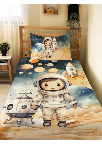 Astronot Desenli Tek Kişilik Pike Takımı 160X230 cm