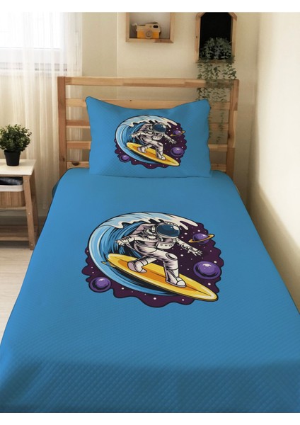 Sörfcü Astronot Desenli Tek Kişilik Pike Takımı 160X230 Mavi