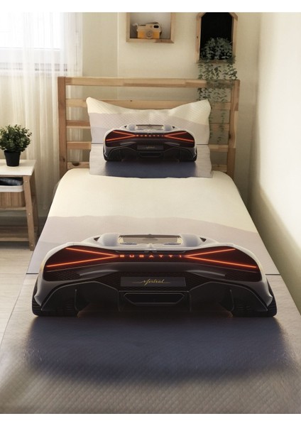 Spor Araba Desenli Genç ve Çocuk Baskılı Tek Kişilik Pike Takımı 160X230 Renkli