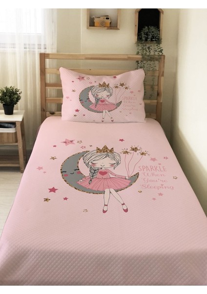 Aykız Desenli Bebek ve Çocuk Baskılı Tek Kişilik Pike Takımı 160X230 Pembe