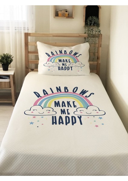 Gökkuşağı Desenli Bebek ve Çocuk Baskılı Tek Kişilik Pike Takımı 160X230 Beyaz