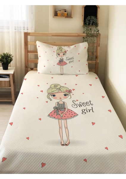Kız Desenli Tek Kişilik Pike Takımı 160X230 Beyaz