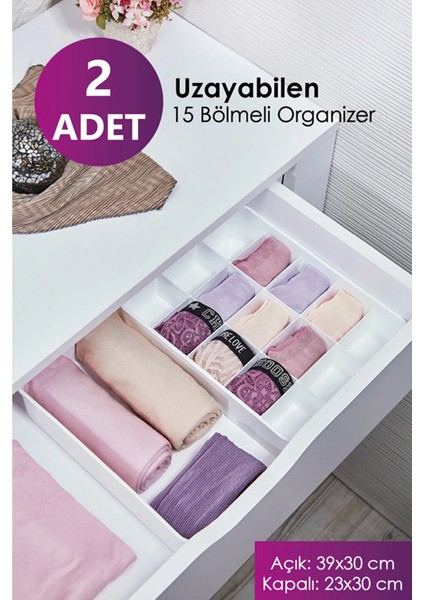 2 Adet Uzayabilen 15 Bölmeli Çekmece Içi Düzenleyici Kravat Çorap Takı Organizeri Beyaz -2'li