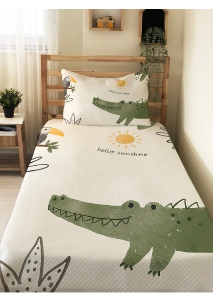 Timsah Desenli Tek Kişilik Pike Takımı 160X230 Beyaz