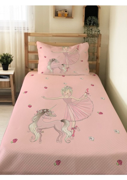 Balerin Kız ve Unicorn Desenli Bebek ve Çocuk Baskılı Tek Kişilik Pike Takımı 160X230 Pembe