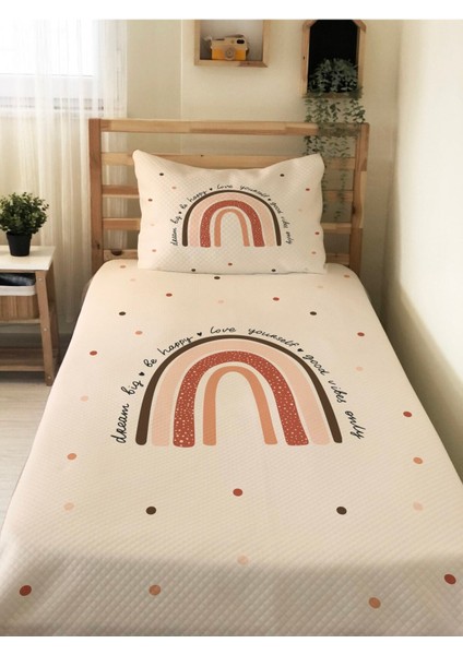 Gökkuşağı Desenli Bebek ve Çocuk Baskılı Tek Kişilik Pike Takımı 160X230 Krem