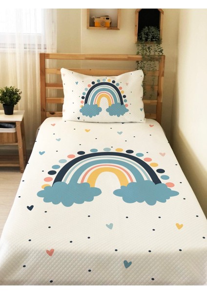 Bulut Gökkuşağı Desenli Bebek ve Çocuk Baskılı Tek Kişilik Pike TAKIMI 160X230 Beyaz