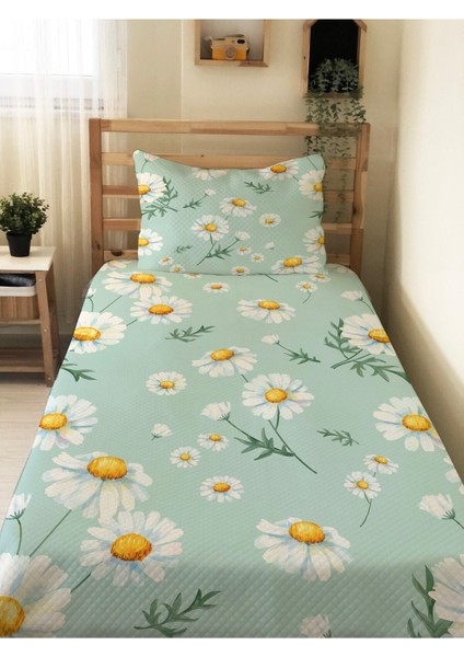 Papatya Desenli Bebek ve Çocuk Baskılı Tek Kişilik Pike Takımı 160X230 Turkuaz