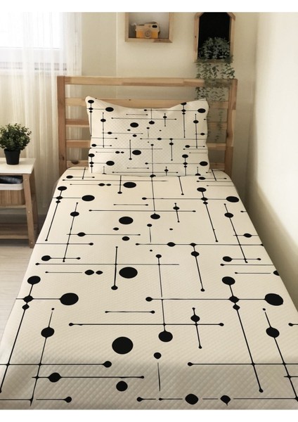 Modern Desenli Baskılı Çift Kişilik Pike Takımı 200X230 cm Krem