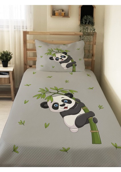 Panda Desenli Bebek ve Çocuk Baskılı Tek Kişilik Pike Takımı 160X230 Gri