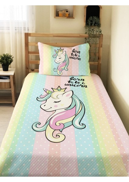 Unicorn Desenli Bebek ve Çocuk Baskılı Tek Kişilik Pike Takımı 160X230 Renkli