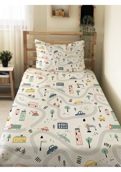 Yol Desenli Bebek ve Çocuk Baskılı Tek Kişilik Pike Takımı 160X230 Beyaz
