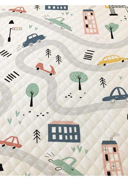 Yol Desenli Bebek ve Çocuk Baskılı Tek Kişilik Pike Takımı 160X230 Beyaz