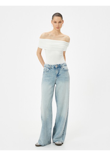Omzu Açık Tişört Drape Detaylı Slim Fit Viskoz Kumaş