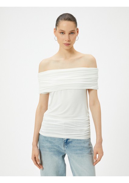 Omzu Açık Tişört Drape Detaylı Slim Fit Viskoz Kumaş
