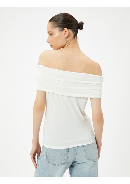 Omzu Açık Tişört Drape Detaylı Slim Fit Viskoz Kumaş
