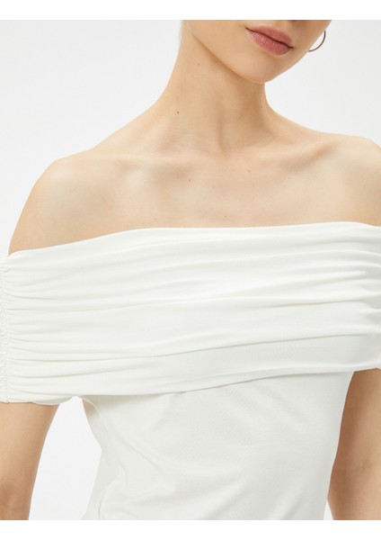 Omzu Açık Tişört Drape Detaylı Slim Fit Viskoz Kumaş