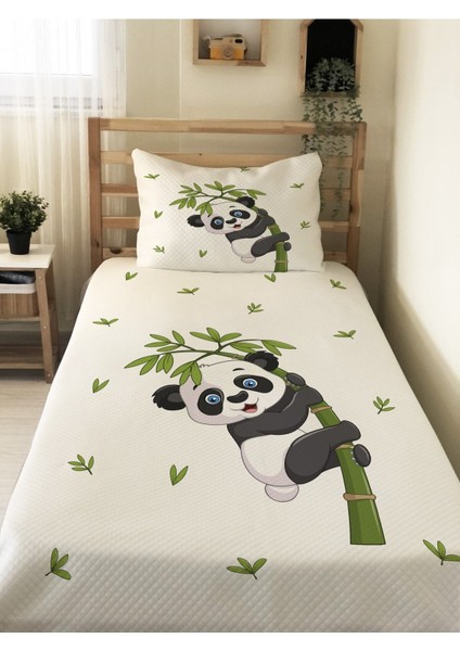 Panda Desenli Bebek ve Çocuk Baskılı Tek Kişilik Pike Takımı 160X230 Beyaz
