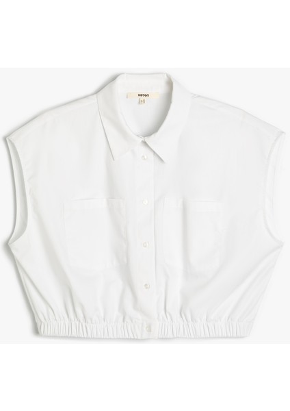 Crop Gömlek Kolsuz Beli Lastikli Cepli Düğmeli