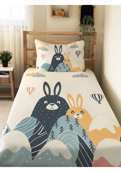 Dağ Tavşan Desenli Tek Kişilik Pike Takımı 160X230 Beyaz