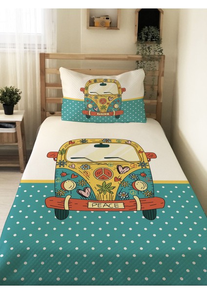 Hippi Kamyoneti Desenli Genç ve Çocuk Baskılı Tek Kişilik Pike Takımı 160X230 Renkli