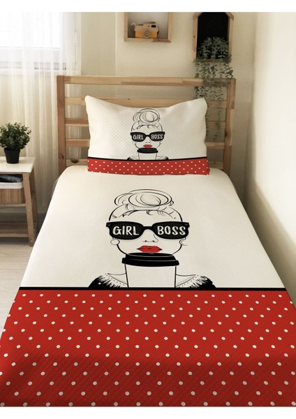 Girl Boss Desenli Genç ve Çocuk Baskılı Tek Kişilik Pike Takımı 160X230 Beyaz