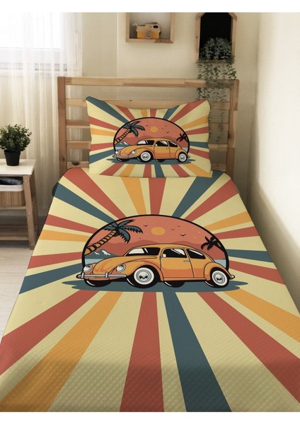 Klasik Araba Desen Tek Kişilik Çocuk Pike Takımı 160X220 cm