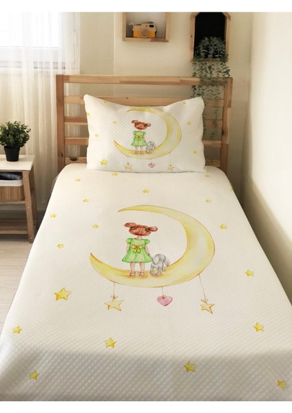 Ay Desenli Bebek ve Çocuk Baskılı Tek Kişilik Pike Takımı 160X230 Beyaz