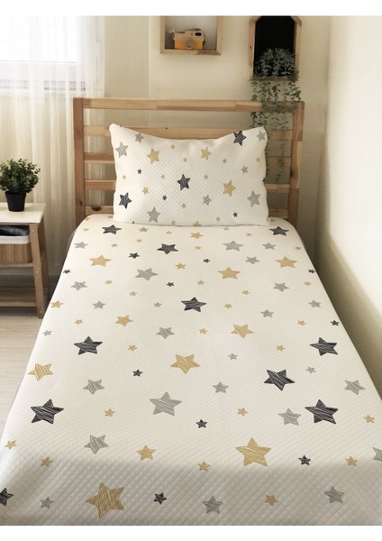 Yıldız Desenli Bebek ve Çocuk Baskılı Tek Kişilik Pike Takımı 160X230 Beyaz