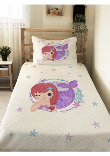 Deniz Kızı Desenli Bebek ve Çocuk Baskılı Tek Kişilik Pike Takımı 160X230 Beyaz