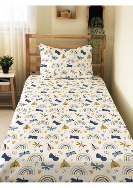 Gökkuşağı Kelebek Desenli Bebek ve Çocuk Baskılı Tek Kişilik Pike Takımı 160X230 Beyaz