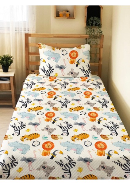 Hayvan Desenli Bebek ve Çocuk Baskılı Tek Kişilik Pike TAKIMI 160X230 Beyaz