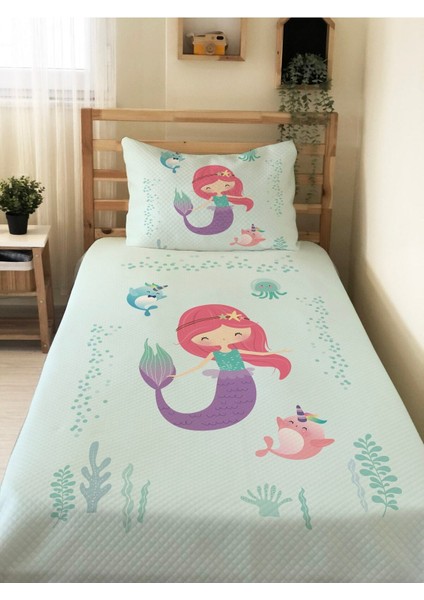 Deniz Kızı Desenli Bebek ve Çocuk Baskılı Tek Kişilik Pike Takımı 160X230 Mavi