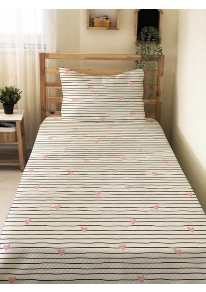 Kalp Desenli Çizgili Desenli Bebek ve Çocuk Baskılı Tek Kişilik Pike Takımı 160X230 Beyaz